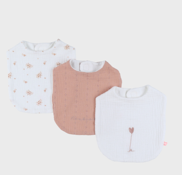 Lot de 3 bavoirs en gaz de coton/éponge Noukies (Fleurs)