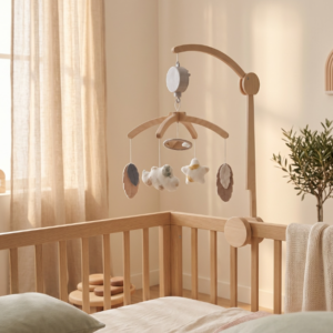 Mobile musical en bois naturel Noukies (Plumes de lune)